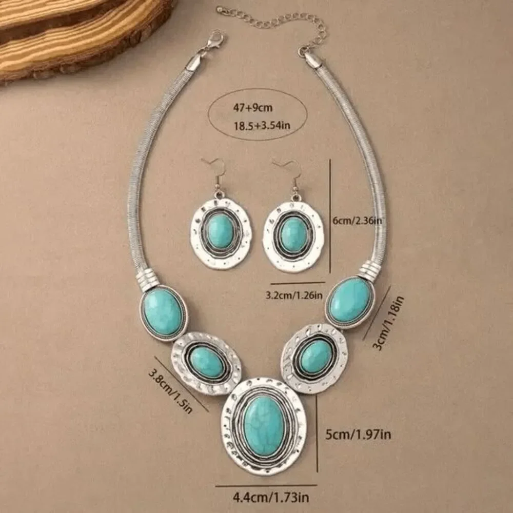 Western Boho Turquoise Silver Necklace and Earring Set
